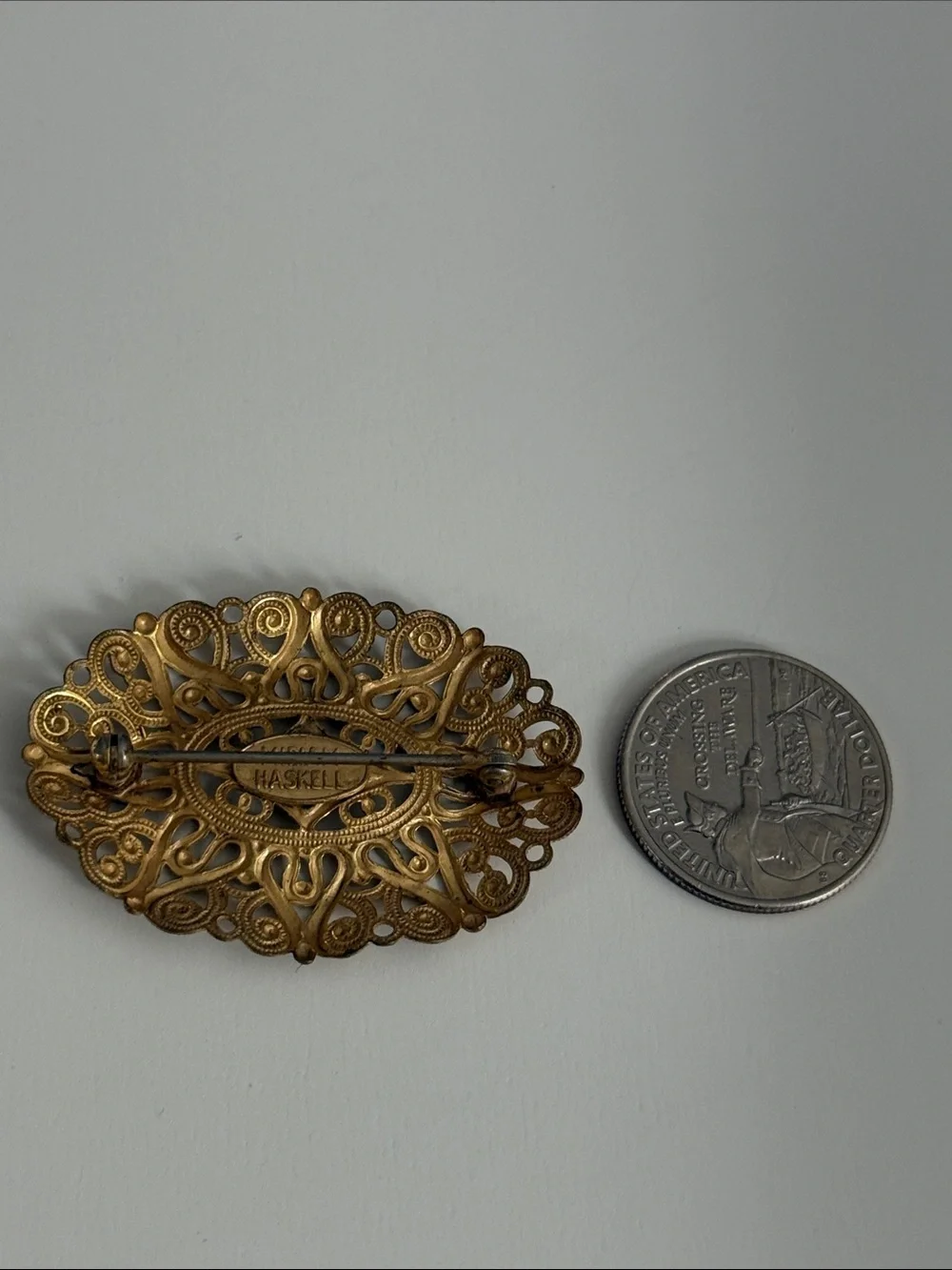 Vintage Miriam Haskell antique revival gold tone Filigree Oval Brooch pin